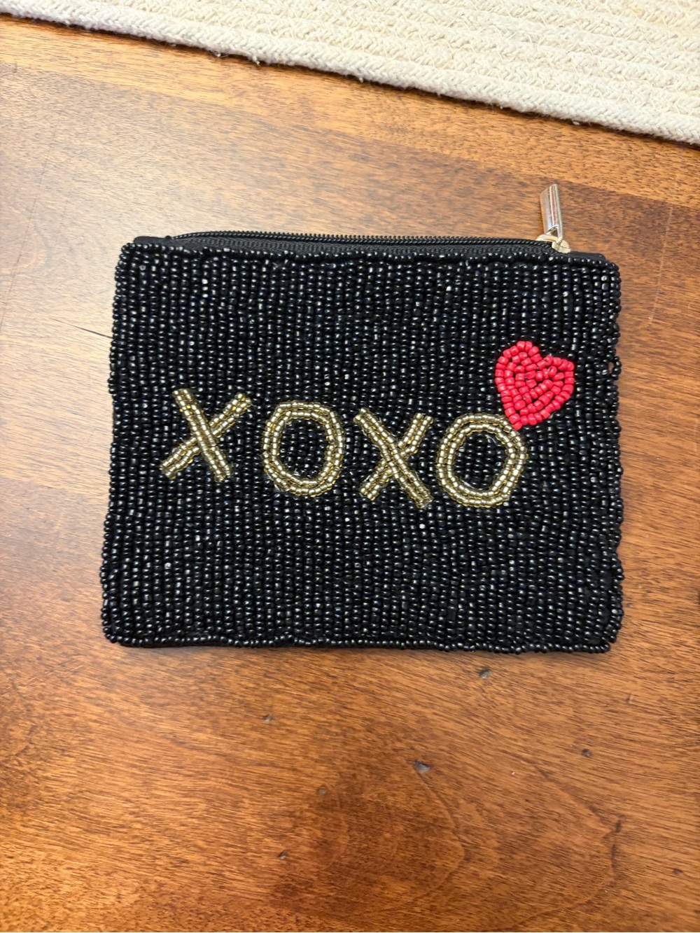Beaded XOXO Zip Pouch - Black with Gold and Red Heart
